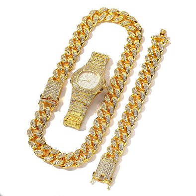 (Premium Set) Gold Cuban Chain & Bracelet Watch Yellow / 24Inch 8Inch