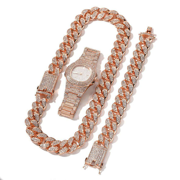 (Premium Set) Gold Cuban Chain & Bracelet Watch Rose / 24Inch 8Inch