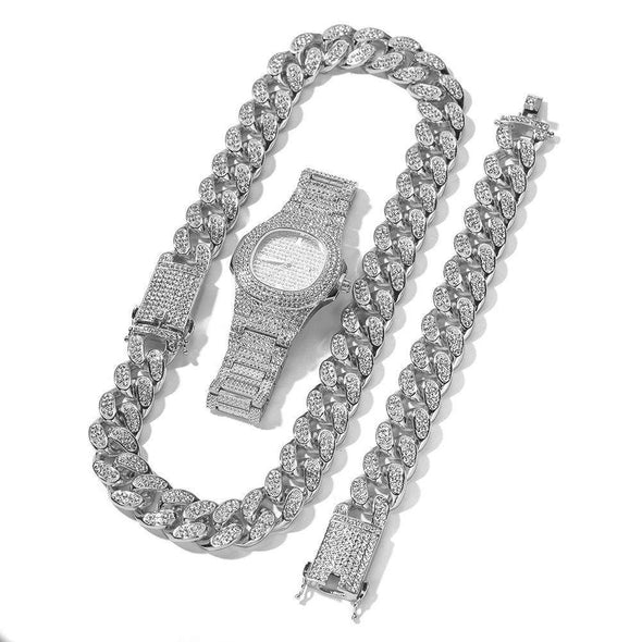 (Premium Set) Gold Cuban Chain & Bracelet Watch White / 24Inch 8Inch