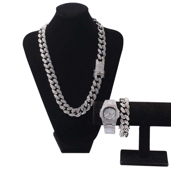 (Premium Set) Gold Cuban Chain & Bracelet Watch