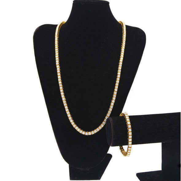 Tennis Chain & Bracelet Set Gold / 8Inch And 30Inch