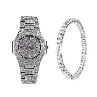 Gold Royal Iced Watch & Tennis Bracelet Set +