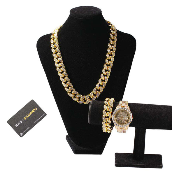 (Bust-Down Set) Gold Cuban Chain & Bracelet Watch