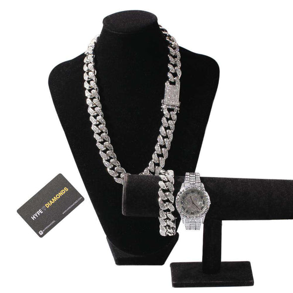 (Bust-Down Set) Gold Cuban Chain & Bracelet Watch