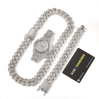 (Bust-Down Set) Gold Cuban Chain & Bracelet Watch White / 8Inch And 24Inch