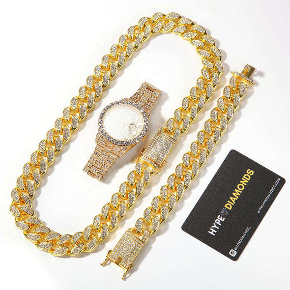 (Bust-Down Set) Gold Cuban Chain & Bracelet Watch Yellow / 8Inch And 24Inch